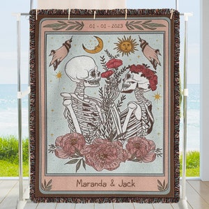 Custom Wedding Skeleton Woven Throw Blanket, Personalized Skull Blanket, Gothic Aniversary Gift, Custom Halloween Blanket