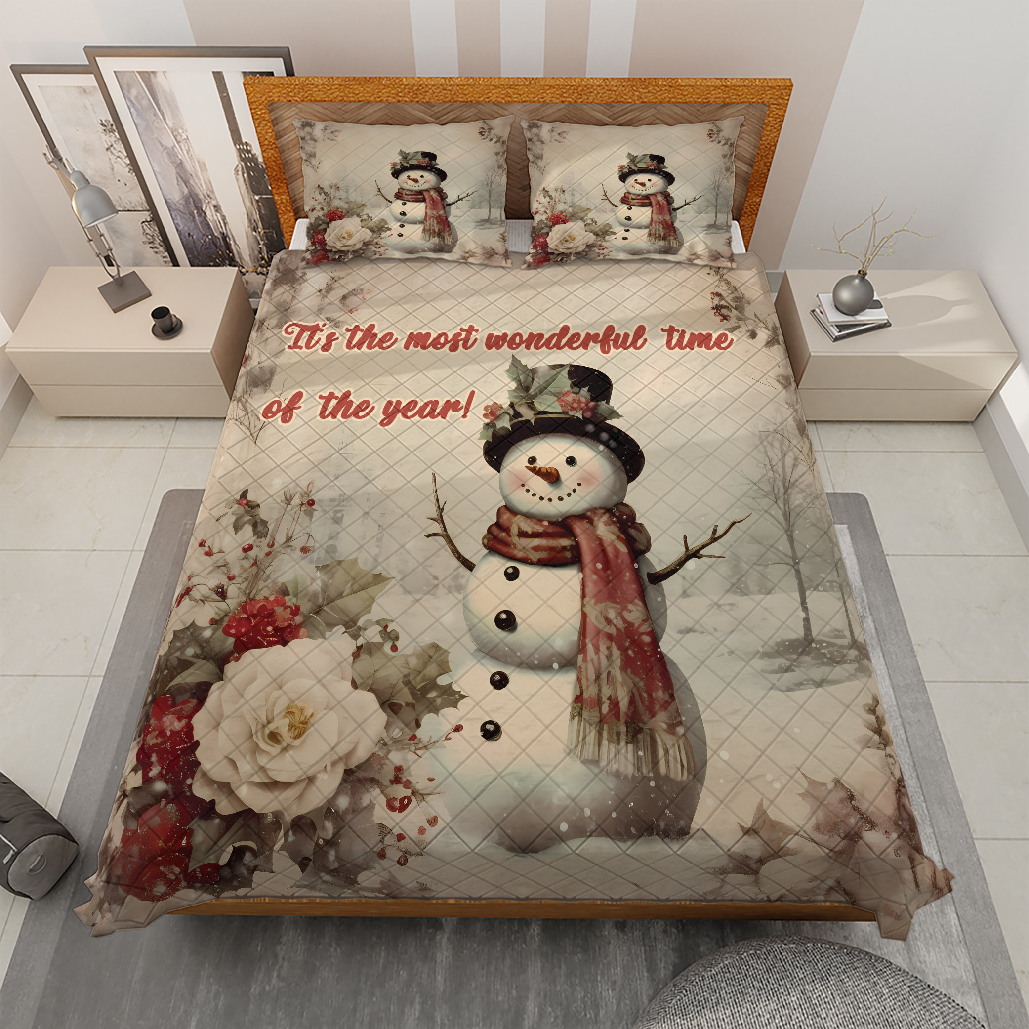 Vintage Snowman Christmas Quilt Bedding Set, Christmas Wonderful Time of the Year Quilt Blanket, Christmas Gift, Christmas Home decor
