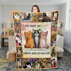 Colorful Funny Cats Throw Blanket, Cat Make me Happy Fleece Blanket, Christmas watching movie blanket, Gift for Cat lovers, Christmas Gifts