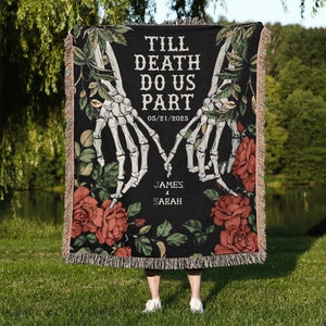 Custom Wedding Woven Throw Blanket, Personalized Halloween Couple Skeletons Woven Tapestry, Wedding Aniversary Gift, Till Dead Do us Part