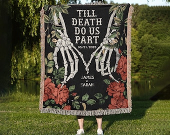 Custom Wedding Woven Throw Blanket: Halloween Couple Skeletons Tapestry