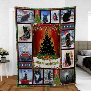 Niedliche Meowy Weihnachten gewebte Decke, schwarze Katze Weihnachtswand Haus Dekor, Weihnachtserntegeschenke, Weihnachtsgeschenke für Katzenliebhaber