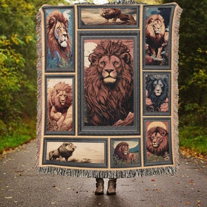 Vintage Lion Woven Throw Blanket, Retro Lion Woven Cotton Wall Tapestry, Wildlife Lion King Cottagecore Blanket, Christmas Blanket