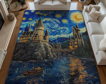 May include: A large area rug featuring a stylized depiction of a castle under a starry night sky. The rug showcases a vibrant color palette of blues, yellows, and browns, with boats on a body of water. The design is reminiscent of a famous painting.