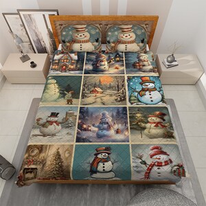 Vintage Snowman Patchwork Christmas Quilt Bedding Set, Snowman Quilt Blanket, Christmas New year Gift, Christmas Home Decor