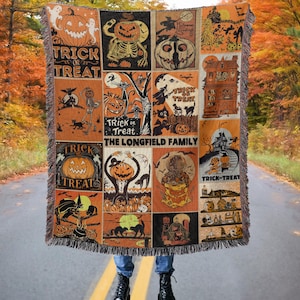 Custom Retro Vintage Spooky Season Halloween Woven Throw Blanket, Vintage Jack-o'-lantern Woven Tapestry, Halloween watching movie blanket