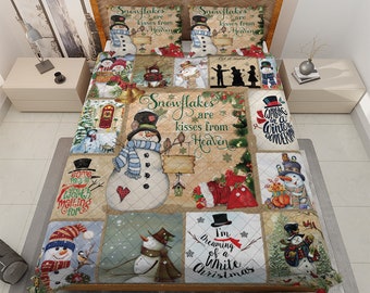 Retro Snowman Christmas Quilt Bedding Set, Christmas Snowflakes Are kisses Quilt Blanket, Christmas Gift, Christmas Home decor