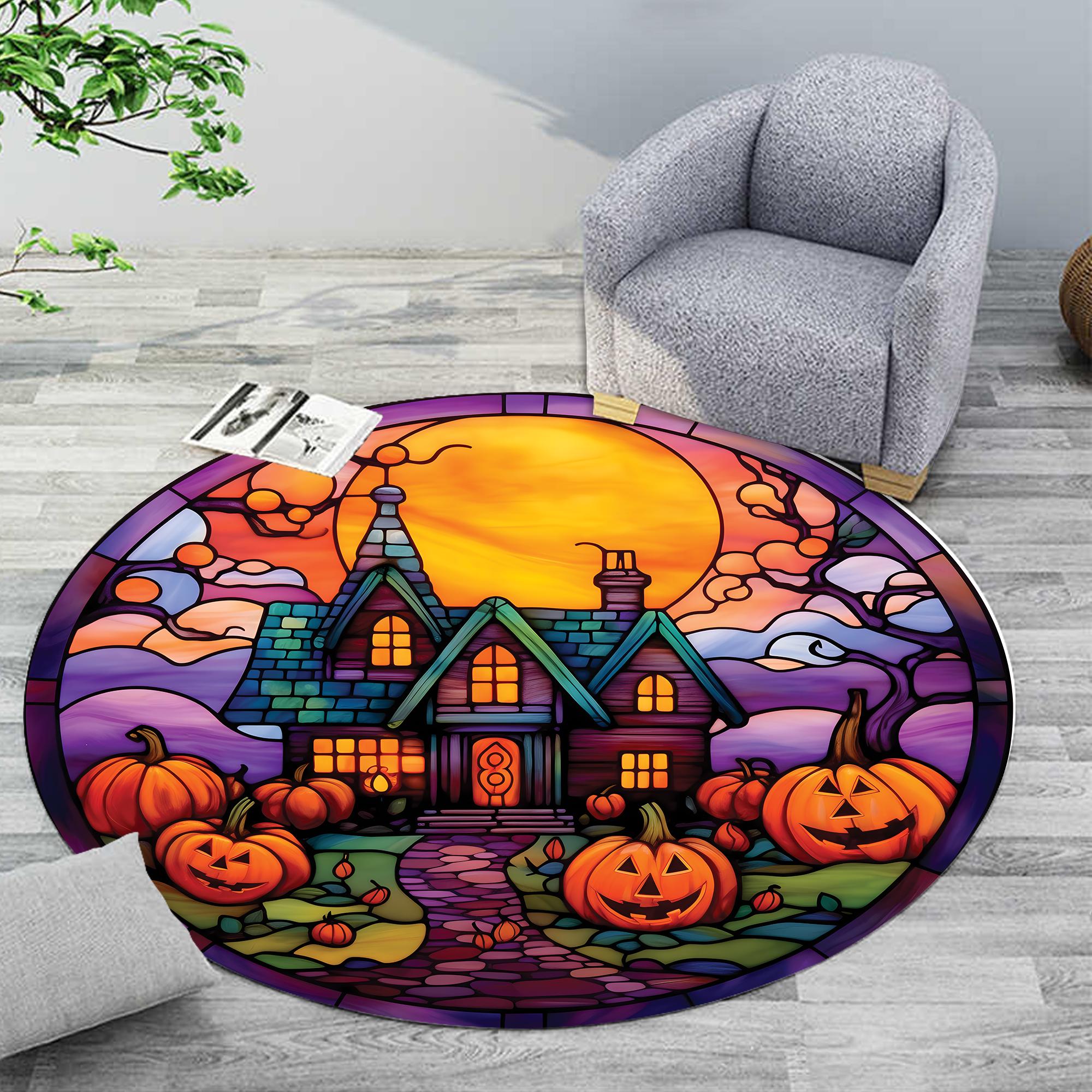 Vintage Haunted House Halloween Round Rug, Jack-o'-lantern Pumpkin ...