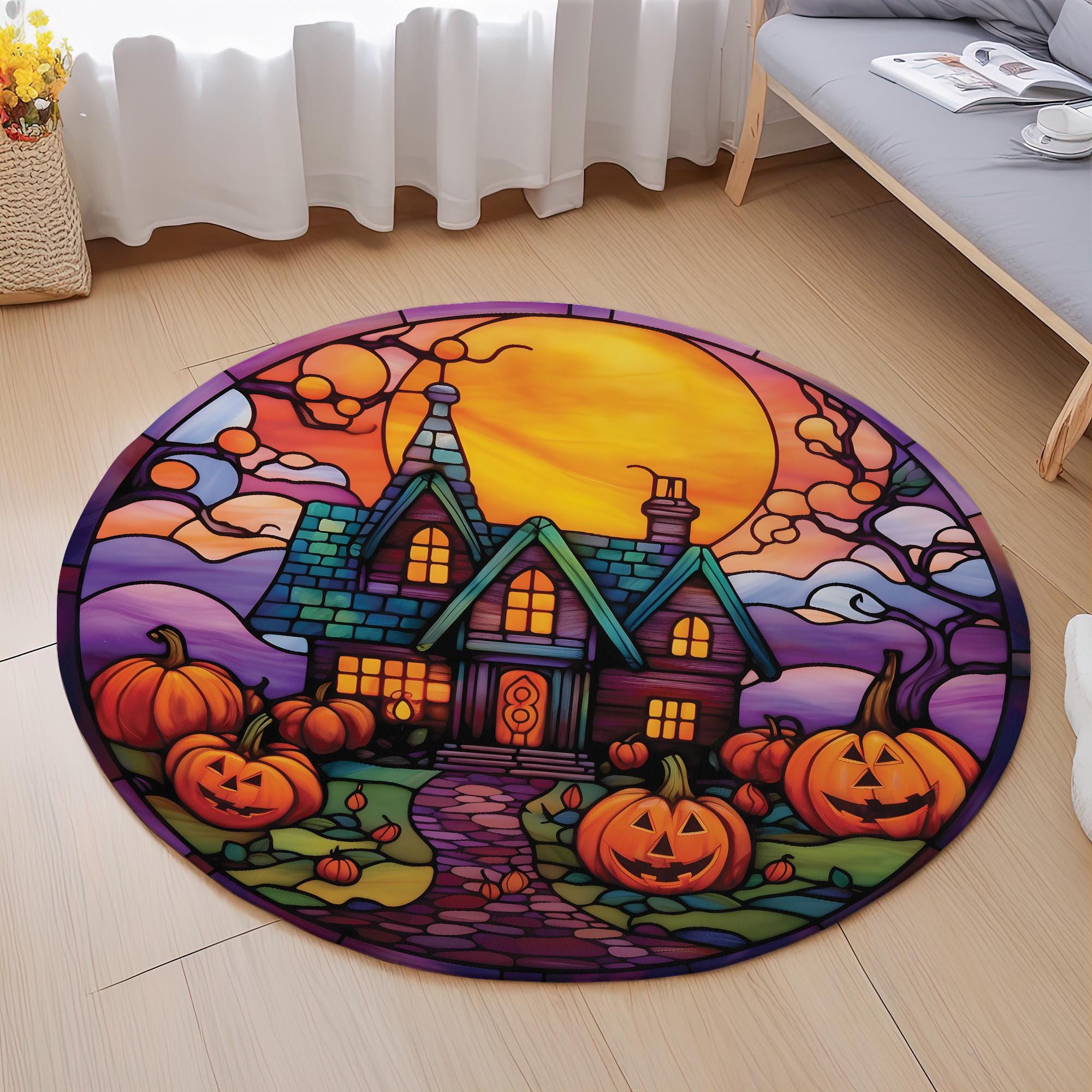 Vintage Haunted House Halloween Round Rug, Jack-o'-lantern Pumpkin ...