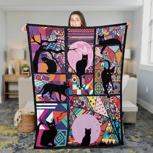 Retro Black Cat Halloween Throw Blanket, Vintage Cute Cat Fleece Blanket, Halloween watching movie blanket, Thanksgivings Blanket