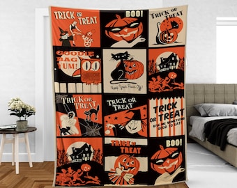 Vintage Halloween Throw Blanket: Retro Jack-o'-lantern Tapestry