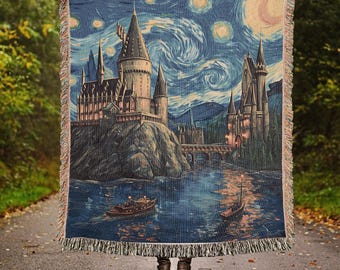Wizard School Woven Throw Blanket: Starry Night, Dark Academia Decor
