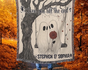 Personalisierte Halloween Hochzeit Jahrestag Webdecke: Geister Paar Wandteppich