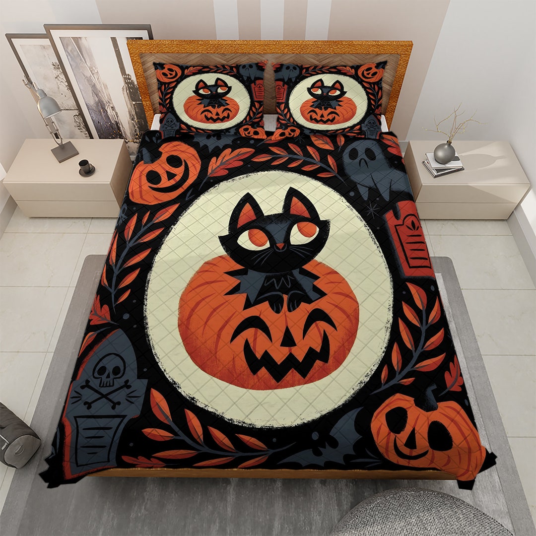 Vintage Black Cat Halloween Bedding Set, Cute Cat With Pumpkin Jack-o ...
