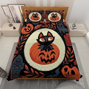 Vintage Black Cat Halloween Bedding set, Cute Cat with Pumpkin Jack-o&#39;-lantern Quilt Blanket, Vintage Halloween Decor, Halloween gifts