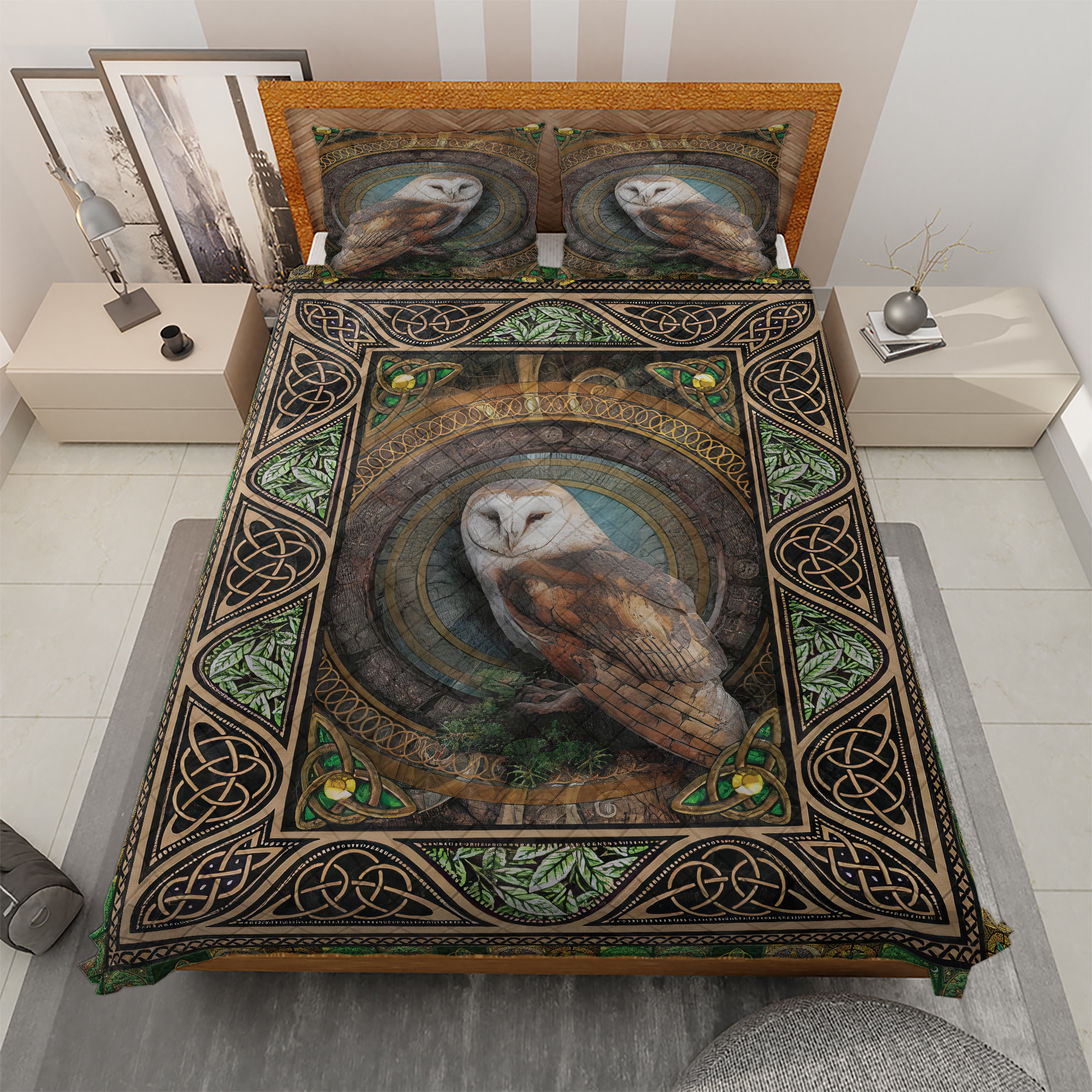 Vintage Owl Quilt Bedding Set: Gothic Forest Animals Blanket