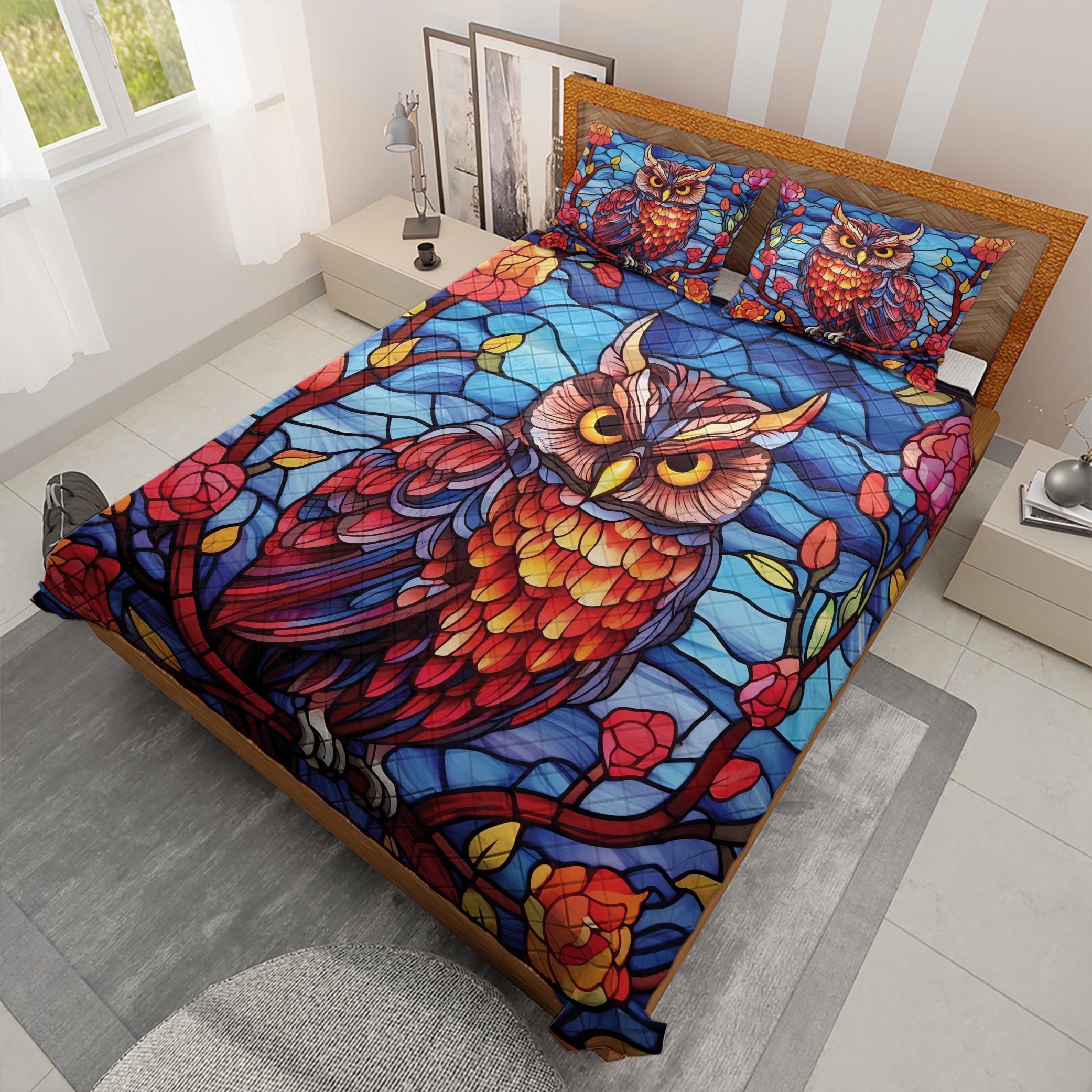 Vintage Floral Owl Quilt Bedding Set: Wildlife Flowers Blanket