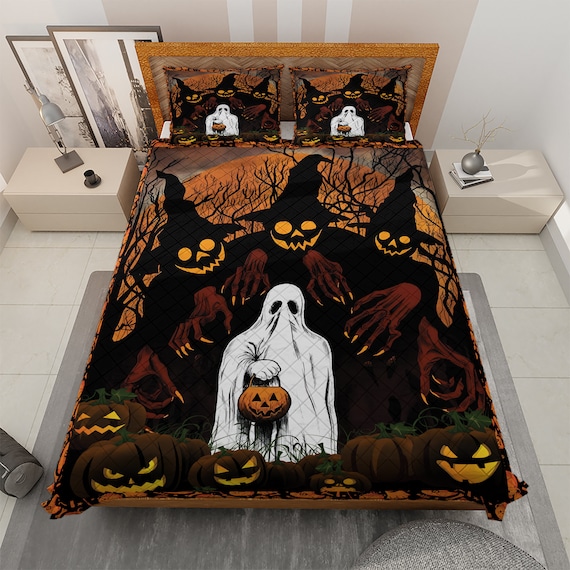 Vintage Halloween Quilt Bettwäsche Set: Retro Geist & Kürbis Süßes oder Saures Urlaub Zuhause Design