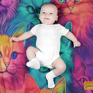 Custom Name Baby Throw Blanket, Colorful Cats Pattern Throw Blanket, Personalized Baby Girl Nursery Decor, Baby Boy Personalized Blanket