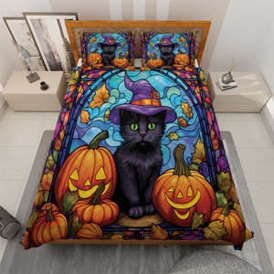 Retro Black Cat Witch Pumpkin Halloween Quilt Bedding set, Stained Glass Jack-o&#39;-lantern Spooky Season Quilt Blanket,  Halloween Decor