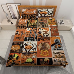 Vintage Retro Spooky Halloween Quilt Bedding set, Vintage Pumpkin Jack-o'-lantern Quilt Blanket, Vintage Halloween Decor, Halloween gifts