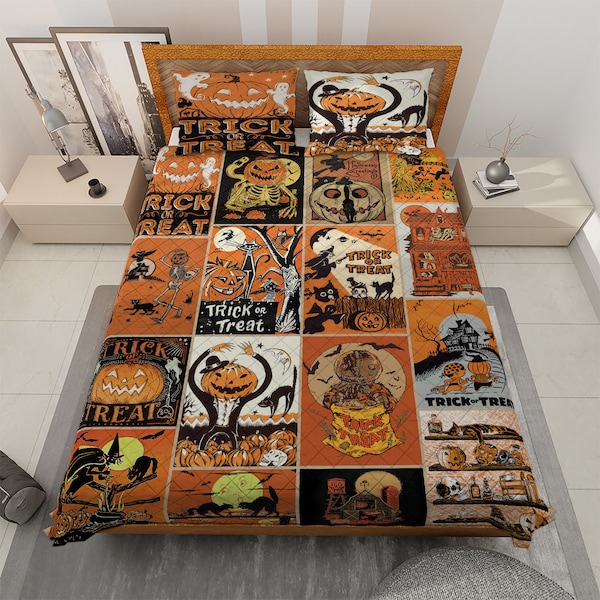 Vintage Retro Spooky Halloween Quilt Bedding set, Vintage Pumpkin Jack-o'-lantern Quilt Blanket, Vintage Halloween Decor, Halloween gifts