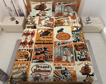 Vintage Halloween Quilt Bedding Set: Spooky Retro Pumpkin Decor