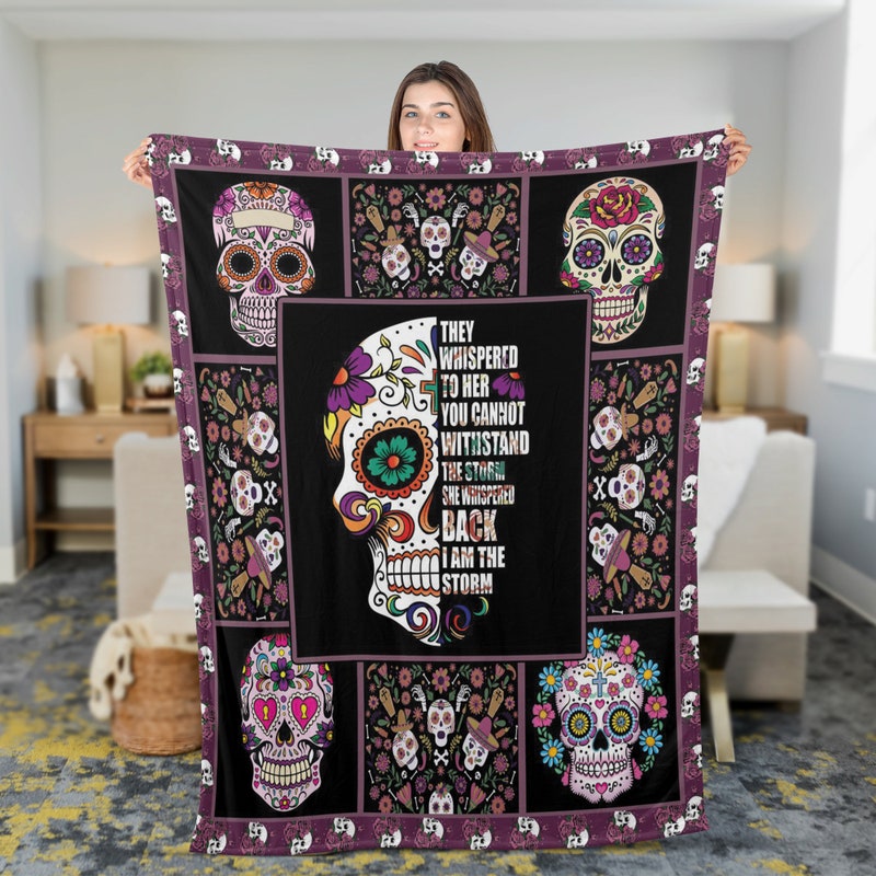 Sugar Skull Skeleton Girly Floral Pattern Print Throw Blanket