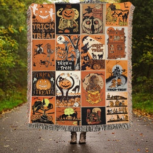 Custom Retro Vintage Spooky Season Halloween Woven Throw Blanket, Vintage Jack-o&#39;-lantern Woven Tapestry, Halloween watching movie blanket