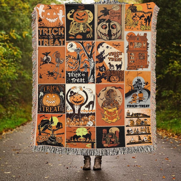 Retro Halloween Woven Throw Blanket: Jack-o'-lantern Trick or Treat Tapestry