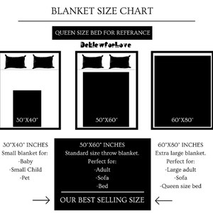 May include: A chart showing different blanket sizes in inches, with illustrations of each size on a bed. The sizes are 30" x 40", 50" x 60", and 60" x 80". The 50" x 60" size is labeled as the "Our Best Selling Size".