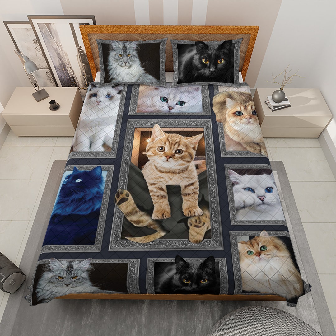 Vintage Funny Cat Breeds Quilt Bedding Set Cute Kitty Quilt Etsy