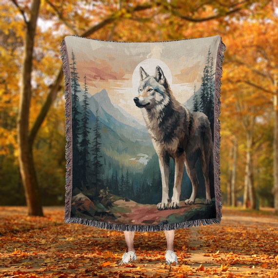 Vintage Gray Wolf Woven Throw Blanket: Forest Cottagecore Tapestry