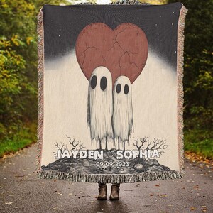 Personalized Couple Boo Wedding Woven Blanket, Custom Halloween Couple Cute Boo Ghost Till Dead Do us Part Woven Tapestry, Wedding Gifts