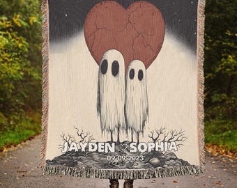 Personalisierte Paar Boo Hochzeit gewebte Decke, benutzerdefinierte Halloween Paar niedlichen Boo Geist bis Tod uns Teil gewebter Wandteppich, Hochzeitsgeschenke