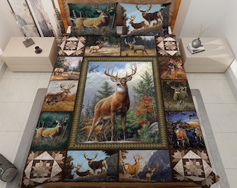 Retro Deer Hunting Quilt Bedding Set, Deer Hunting Quilt Blanket, Christmas Gifts, Christmas Home decor, Hunting gifts for men