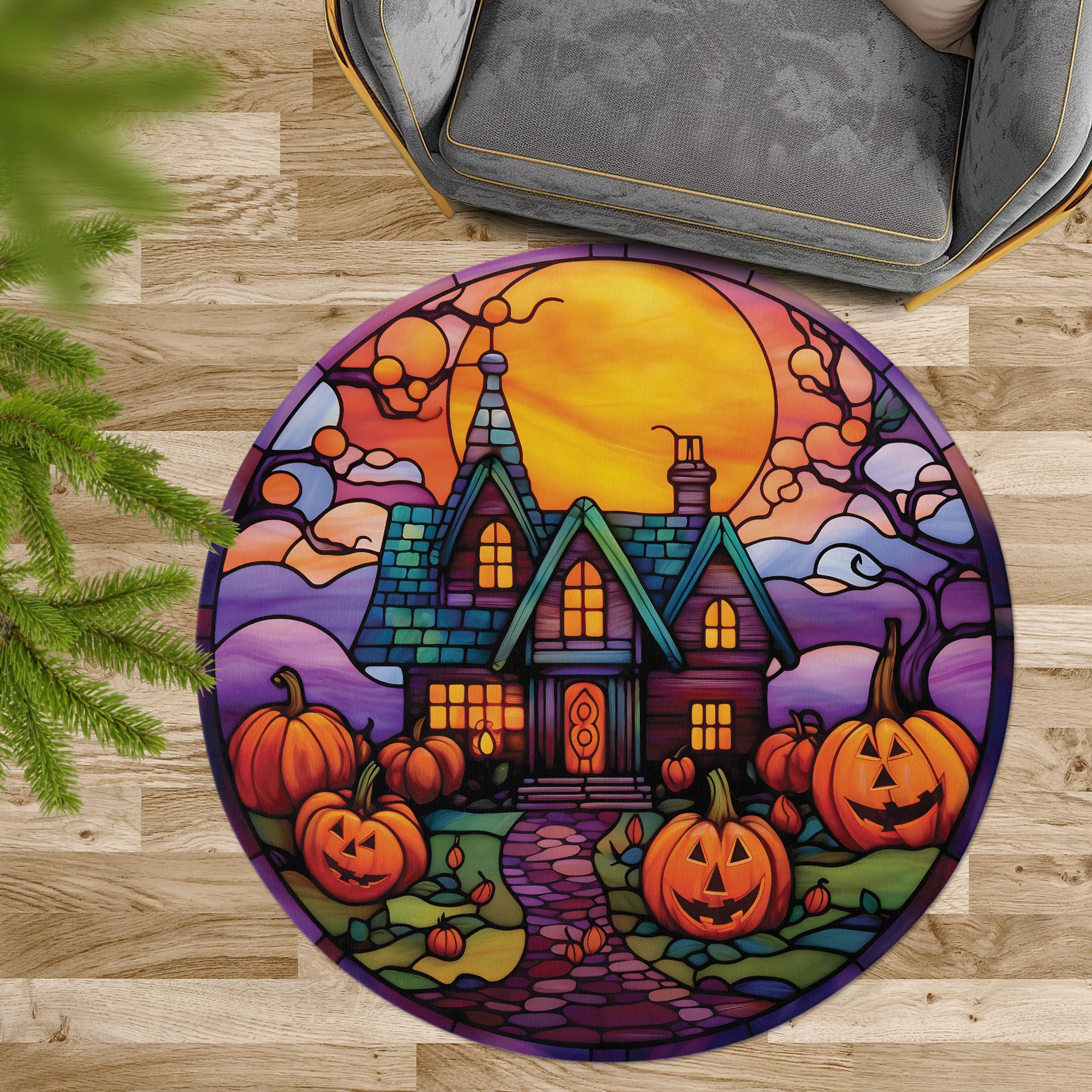 Vintage Haunted House Halloween Round Rug, Jack-o'-lantern Pumpkin ...