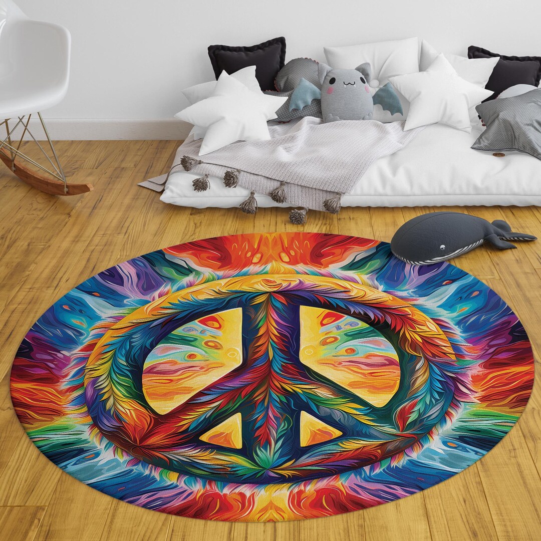 Peace Rug Resolution Vintgage Peace Sign Round Rug, Hippie Style Christmas Round Carpet ...