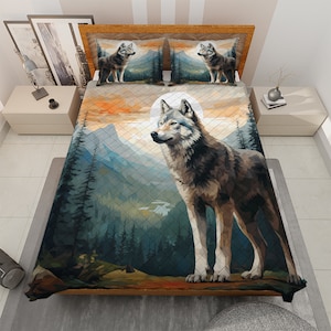 Vintage Grå Varg Quilt Bäddset: Cottagecore Forest Heminredning