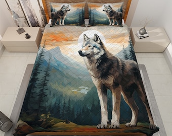 May include: A wolf stands in a forest with mountains in the background. The wolf is grey and white with a full moon behind it. The forest is green and brown with a sunset sky.