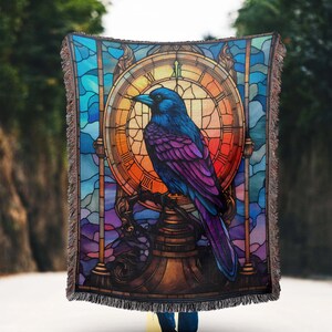 Geweven deken Gothic Raven: katoenen tapijt met bloemen en vogels