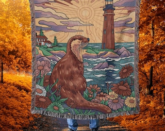 Vintage Otter Woven Throw Blanket: Floral Lighthouse Tapestry