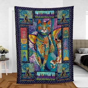 Vintage Colorful Cat Halloween Throw Blanket, Cute Cat Woven Wall Tapestry, Christmas watching movie Woven blanket, Thanksgivings
