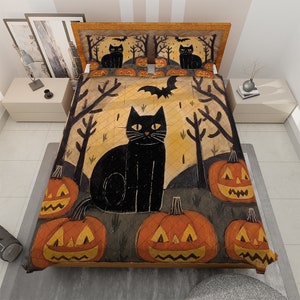 Black Cat Witch Pumpkin Halloween Quilt Bedding set, Vintage Jack-o&#39;-lantern Spooky Season Quilt Blanket,  Halloween Decor, Halloween gifts