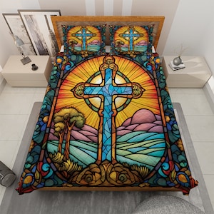 Vintage Christian Cross Christmas Quilt Bedding set, Abstract Christmas Christian Quilt Blanket, Christmas Thanksgiving Gifts