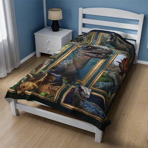 May include: A blue and green dinosaur themed twin-sized bedspread with a variety of dinosaurs in gold frames.