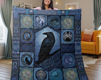 Retro Raven Bird Bedding set, Vintage Viking Quilt Blanket, Bird Watching Gifts, Christmas Quilt Blanket, Christmas gifts, Halloween Blanket