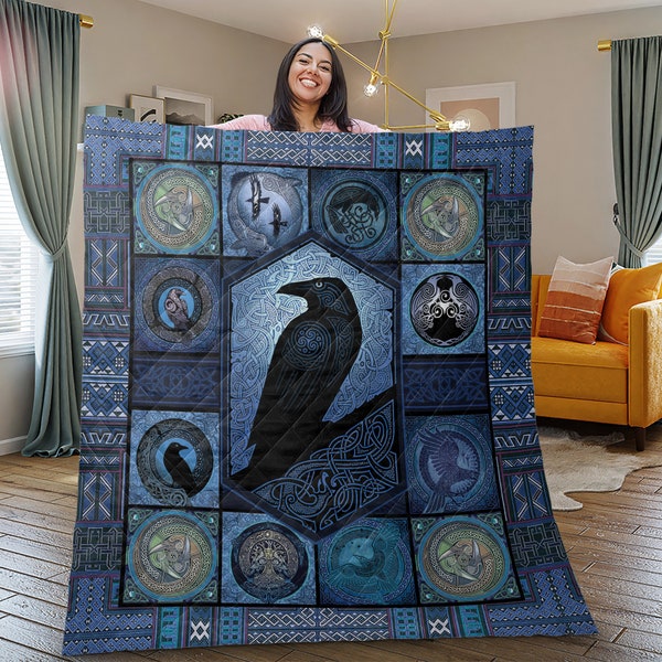 Retro Raven Bird Bedding set, Vintage Viking Quilt Blanket, Bird Watching Gifts, Christmas Quilt Blanket, Christmas gifts, Halloween Blanket