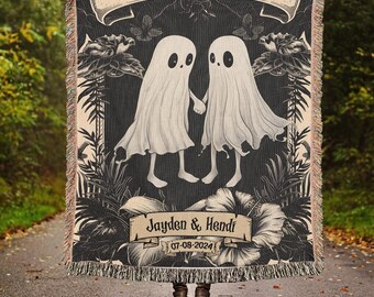 Personalisierte Blumen Boo Hochzeit gewebte Decke, benutzerdefinierte Halloween Paar niedlichen Boo Geist bis Tod uns Teil gewebter Wandteppich, Hochzeitsgeschenke