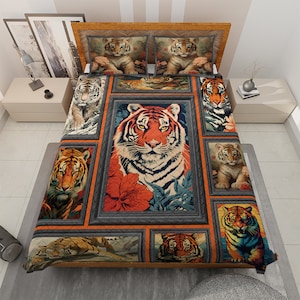 May include: A quilt featuring a patchwork design of tigers in various poses, framed in black and gold. The quilt is made of a soft, comfortable fabric and features a variety of colors, including orange, black, white, and green.